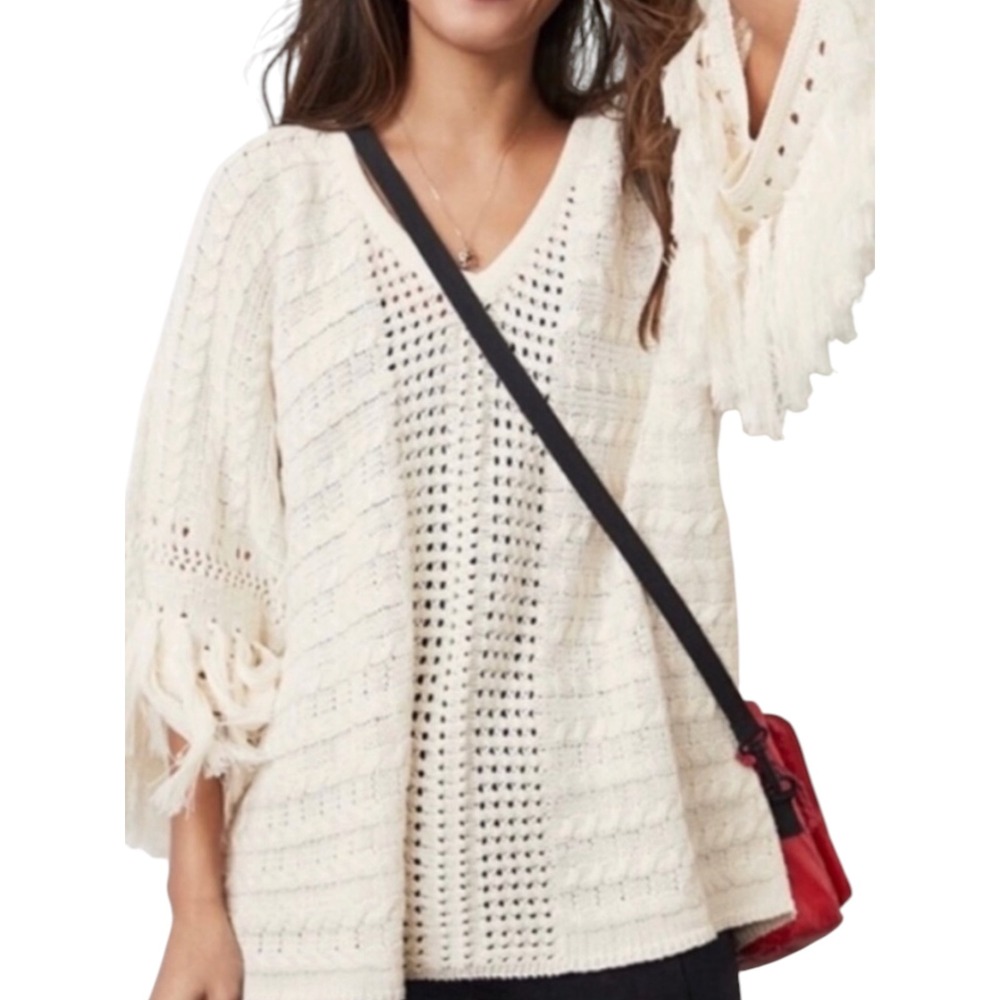 Cabi Flutter Fringe‎ Fiesta Poncho Cream Ivory Cable Knit Pointelle Medium